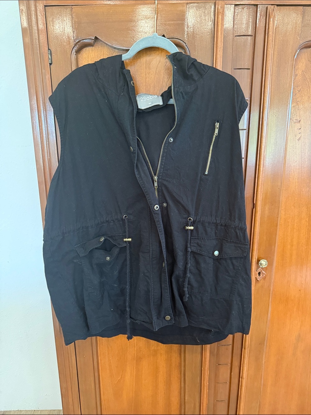 2Sable Black Hooded Utility Vest with Zip & Snap Front
